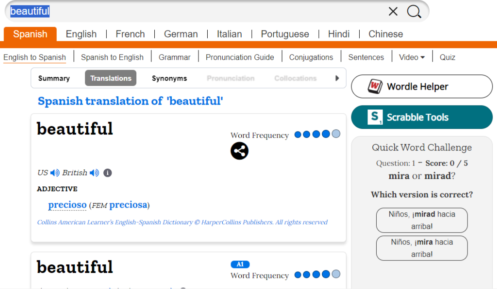 Significado de beautiful en español, Collins Dictionary