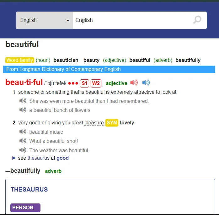 Significado de beautiful, Longman Dictionary